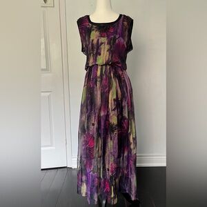 Multi Colour Floral Explosion Abstract Sleeveless Organza Maxi Dress